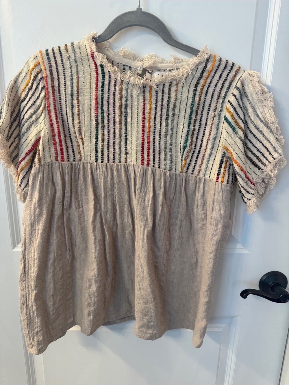 THML Beige Tunic Top with Multicolor Embroidered Stripes and Fringe